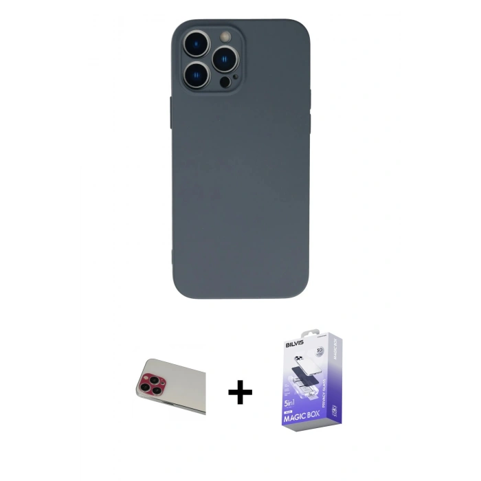 MARSİLYAN™- iPhone 13 Pro Max Kılıf Ahenk Serisi - Siyah Bilvis 5in1 5D Magic Hayalet Cam Ekran Koruyucu + Rainbow Kamera Lens Koruma Cam - KI