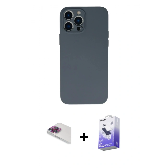MARSİLYAN™- iPhone 13 Pro Max Kılıf Ahenk Serisi - Siyah Bilvis 5in1 5D Magic Hayalet Cam Ekran Koruyucu + Pers Alüminyum Kamera Lens - GI