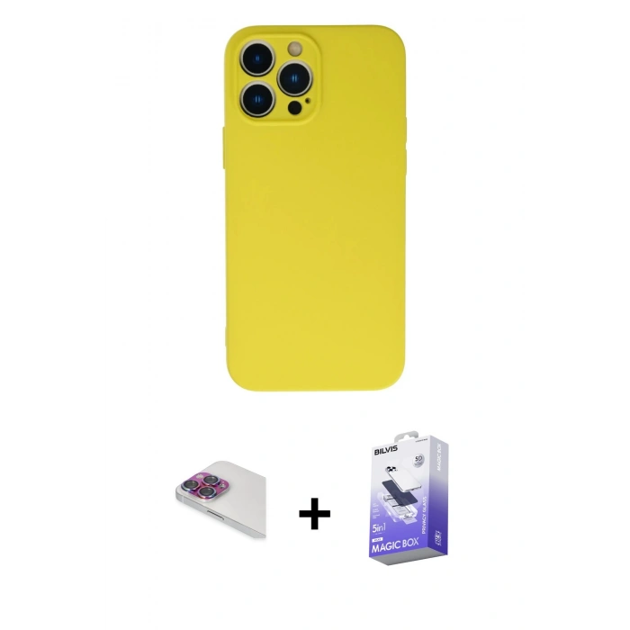 MARSİLYAN™- iPhone 13 Pro Max Kılıf Ahenk Serisi - Siyah Bilvis 5in1 5D Magic Hayalet Cam Ekran Koruyucu + Pers Alüminyum Kamera Lens - GI