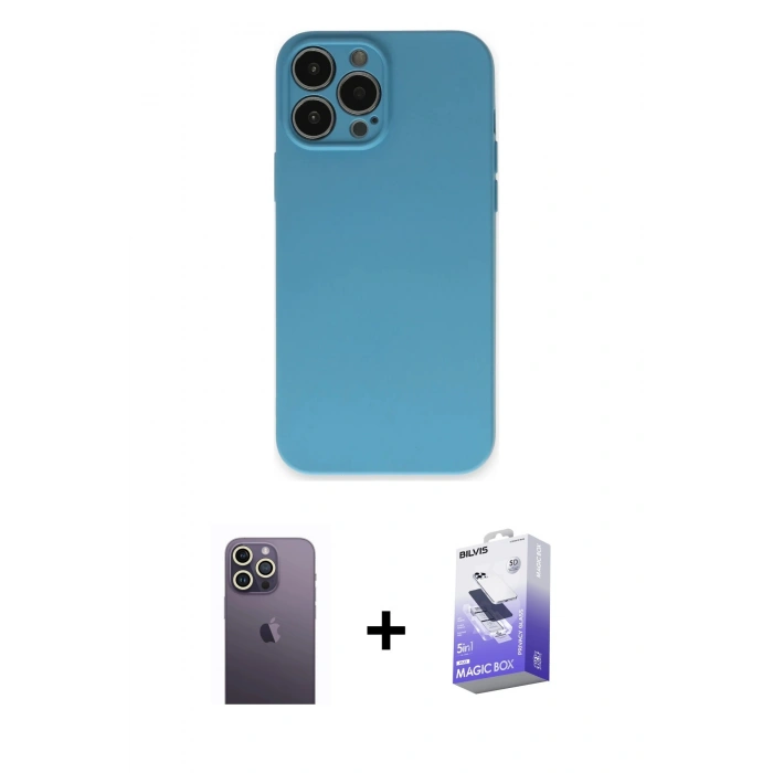 MARSİLYAN™- iPhone 13 Pro Max Kılıf Ahenk Serisi - Siyah Bilvis 5in1 5D Magic Hayalet Cam Ekran Koruyucu + Neon Fosforlu Kamera Lens - BZ