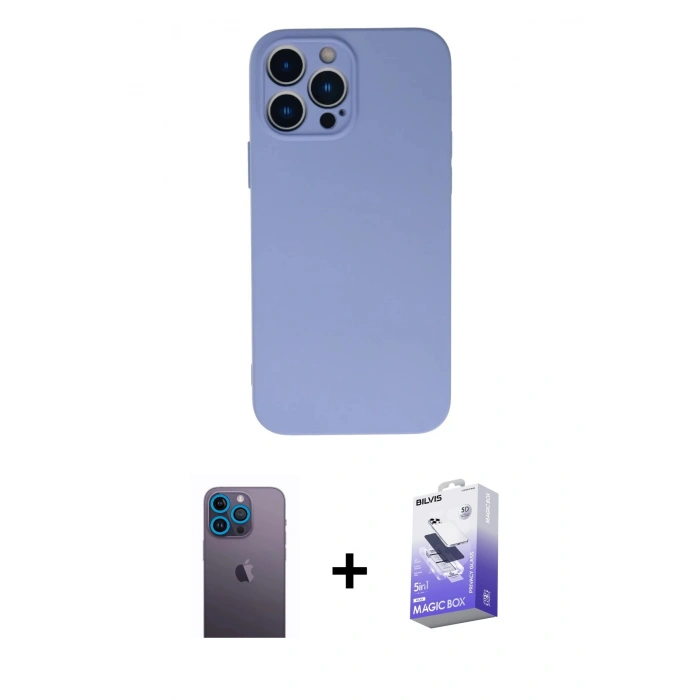 MARSİLYAN™- iPhone 13 Pro Max Kılıf Ahenk Serisi - Siyah Bilvis 5in1 5D Magic Hayalet Cam Ekran Koruyucu + Mavi Neon Fosforlu Kamera Lens