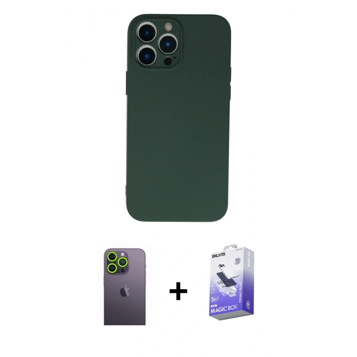 MARSİLYAN™- iPhone 13 Pro Max Kılıf Ahenk Serisi - Siyah Bilvis 5in1 5D Magic Hayalet Cam Ekran Koruyucu + Neon Fosforlu Kamera Lens - YL