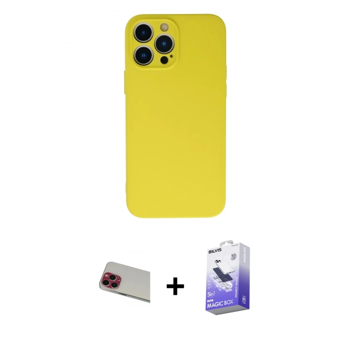 MARSİLYAN™- iPhone 13 Pro Max Kılıf Ahenk Serisi - Siyah Bilvis 5in1 5D Magic Hayalet Cam Ekran Koruyucu + Rainbow Kamera Lens Koruma Cam - KI