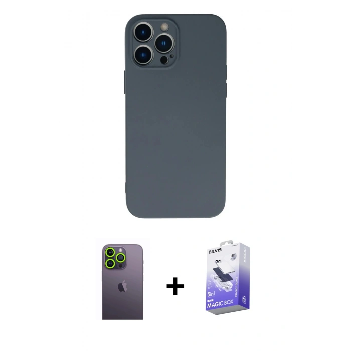 MARSİLYAN™- iPhone 13 Pro Max Kılıf Ahenk Serisi - Siyah Bilvis 5in1 5D Magic Hayalet Cam Ekran Koruyucu + Neon Fosforlu Kamera Lens - YL