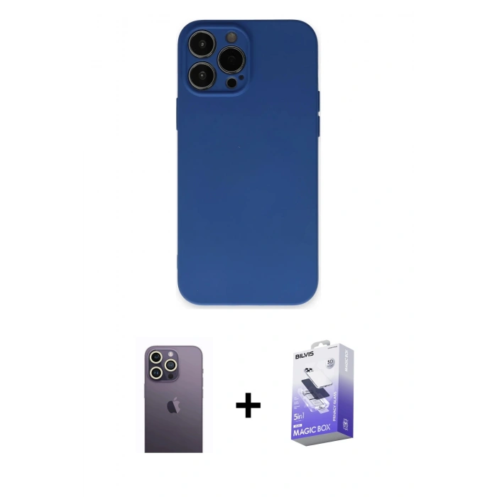 MARSİLYAN™- iPhone 13 Pro Max Kılıf Ahenk Serisi - Siyah Bilvis 5in1 5D Magic Hayalet Cam Ekran Koruyucu + Neon Fosforlu Kamera Lens - BZ