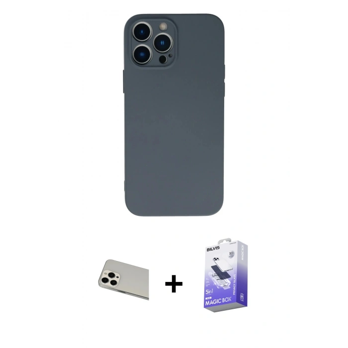 MARSİLYAN™- iPhone 13 Pro Max Kılıf Ahenk Serisi - Siyah Bilvis 5in1 5D Magic Hayalet Cam Ekran Koruyucu + Rainbow Kamera Lens Koruma Cam - BZ