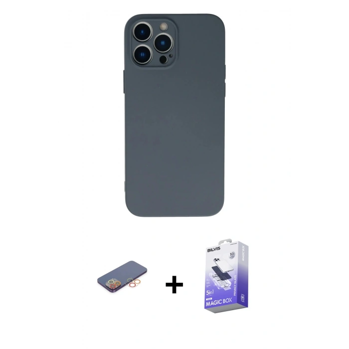 MARSİLYAN™- iPhone 13 Pro Max Kılıf Ahenk Serisi - Siyah Bilvis 5in1 5D Magic Hayalet Cam Ekran Koruyucu + Renkli Kamera Lens Koruma Cam - TU