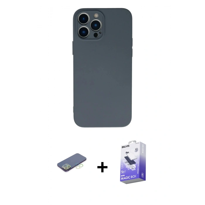 MARSİLYAN™- iPhone 13 Pro Max Kılıf Ahenk Serisi - Siyah Bilvis 5in1 5D Magic Hayalet Cam Ekran Koruyucu + Renkli Kamera Lens Koruma Cam - YL