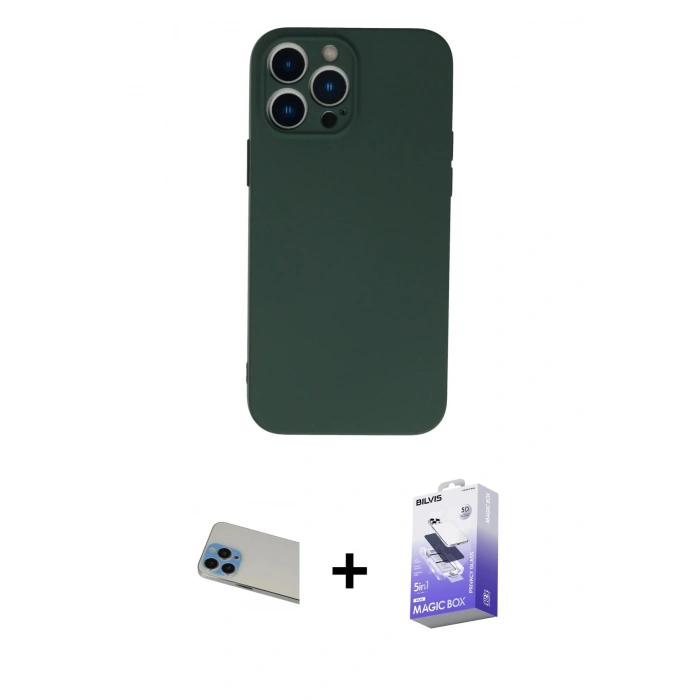 MARSİLYAN™- iPhone 13 Pro Max Kılıf Ahenk Serisi - Siyah Bilvis 5in1 5D Magic Hayalet Cam Ekran Koruyucu + Rainbow Kamera Lens Koruma Cam - MI