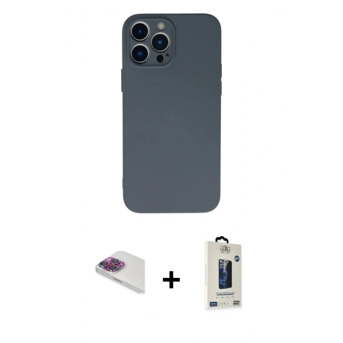 MARSİLYAN™- iPhone 13 Pro Max Kılıf Ahenk Serisi - Siyah Bilvis Hayalet Cam Ekran Koruyucu + Pers Alüminyum Kamera Lens - GI
