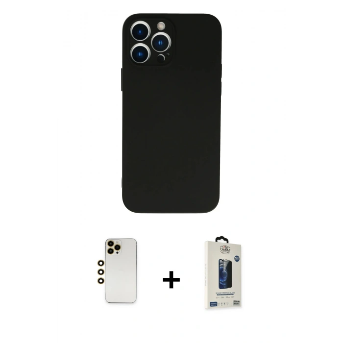 MARSİLYAN™- iPhone 13 Pro Max Kılıf Ahenk Serisi - Siyah Bilvis Hayalet Cam Ekran Koruyucu + Shine Kamera Lens - GD