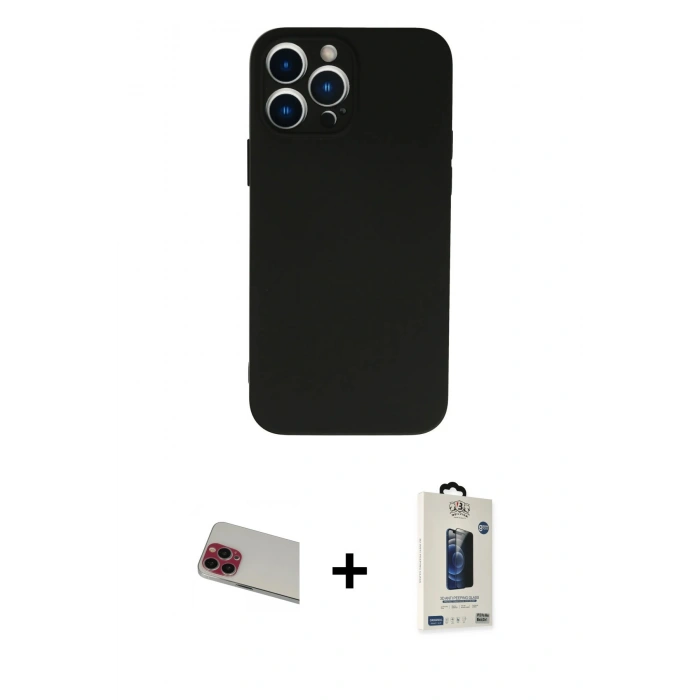MARSİLYAN™- iPhone 13 Pro Max Kılıf Ahenk Serisi - Siyah Bilvis Hayalet Cam Ekran Koruyucu + Rainbow Kamera Lens Koruma Cam - KI