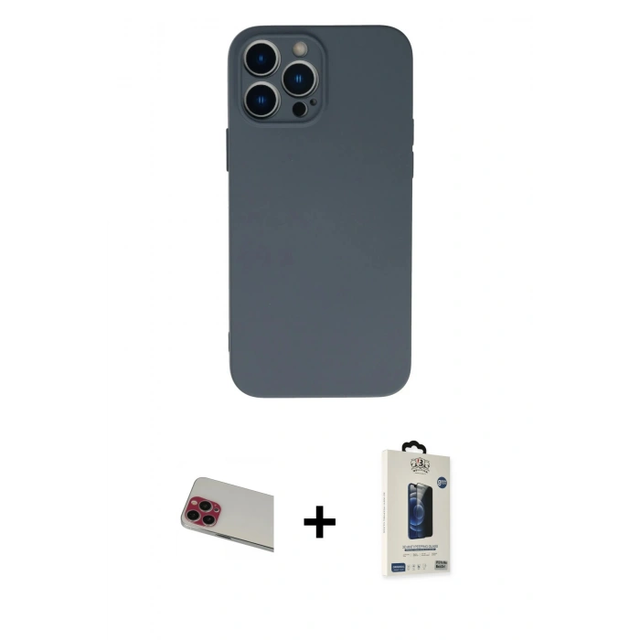 MARSİLYAN™- iPhone 13 Pro Max Kılıf Ahenk Serisi - Siyah Bilvis Hayalet Cam Ekran Koruyucu + Rainbow Kamera Lens Koruma Cam - KI