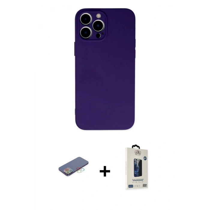 MARSİLYAN™- iPhone 13 Pro Max Kılıf Ahenk Serisi - Siyah Bilvis Hayalet Cam Ekran Koruyucu + Renkli Kamera Lens Koruma Cam - MI