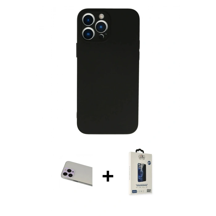 MARSİLYAN™- iPhone 13 Pro Max Kılıf Ahenk Serisi - Siyah Bilvis Hayalet Cam Ekran Koruyucu + Rainbow Kamera Lens Koruma Cam - MR