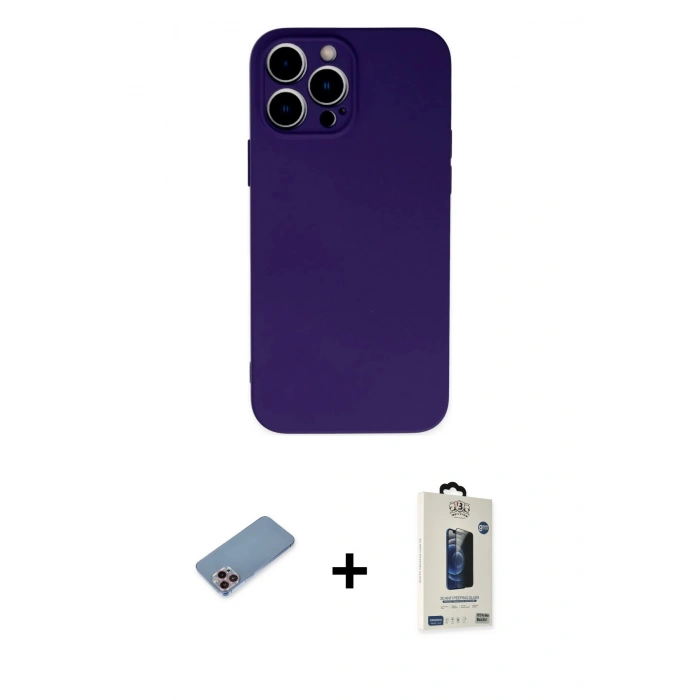 MARSİLYAN™- iPhone 13 Pro Max Kılıf Ahenk Serisi - Siyah Bilvis Hayalet Cam Ekran Koruyucu + Shine Kamera Lens Koruma Cam - PE