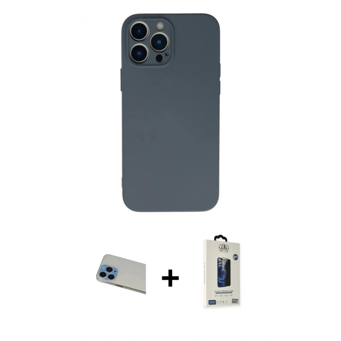 MARSİLYAN™- iPhone 13 Pro Max Kılıf Ahenk Serisi - Siyah Bilvis Hayalet Cam Ekran Koruyucu + Rainbow Kamera Lens Koruma Cam - MI