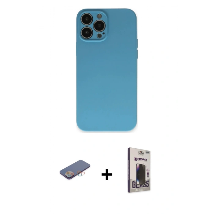 MARSİLYAN™- iPhone 13 Pro Max Kılıf Ahenk Serisi - Siyah Bilvis Hayalet Cam Ekran Koruyucu + Renkli Kamera Lens Koruma Cam - PE