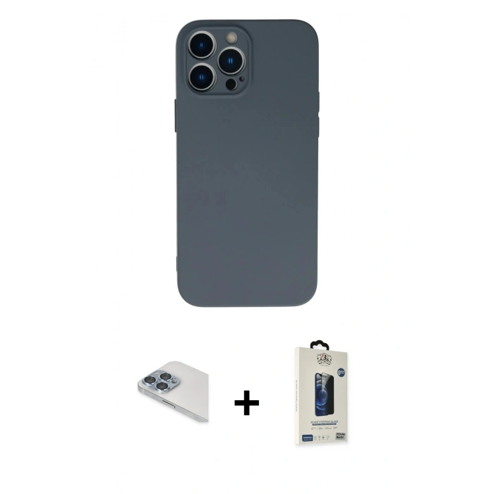 MARSİLYAN™- iPhone 13 Pro Max Kılıf Ahenk Serisi - Siyah Bilvis Hayalet Cam Ekran Koruyucu + Pers Alüminyum Kamera Lens - SABE