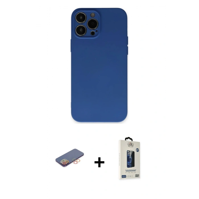 MARSİLYAN™- iPhone 13 Pro Max Kılıf Ahenk Serisi - Siyah Bilvis Hayalet Cam Ekran Koruyucu + Renkli Kamera Lens Koruma Cam - TU