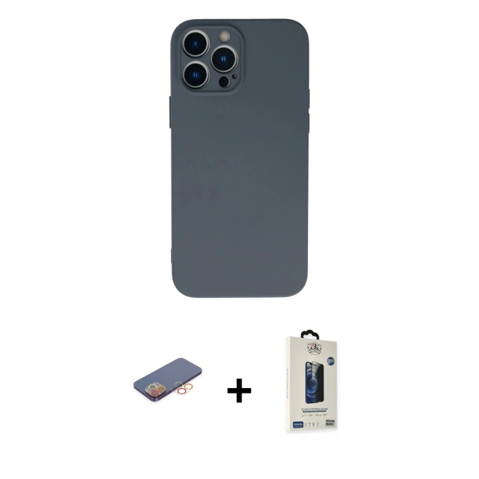 MARSİLYAN™- iPhone 13 Pro Max Kılıf Ahenk Serisi - Siyah Bilvis Hayalet Cam Ekran Koruyucu + Renkli Kamera Lens Koruma Cam - TU