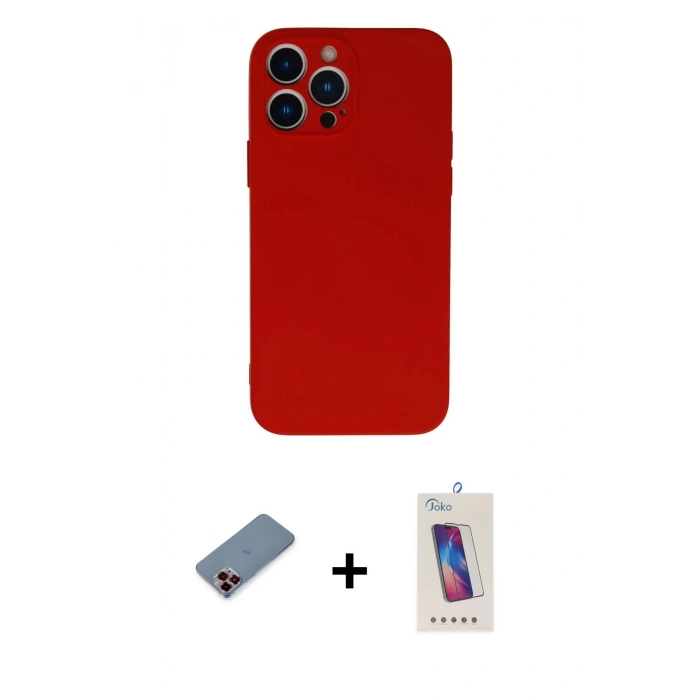 MARSİLYAN™- iPhone 13 Pro Max Kılıf Ahenk Serisi - Siyah Joko 5D Cam + Kırmızı Metal Kamera Lens Koruma Cam