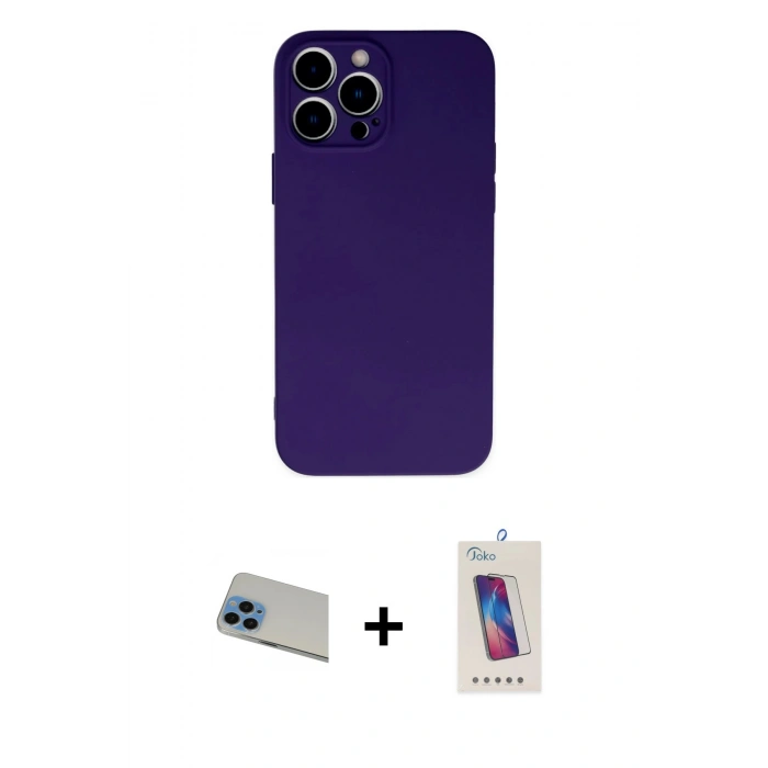 MARSİLYAN™- iPhone 13 Pro Max Kılıf Ahenk Serisi - Siyah Joko 5D Cam + Mavi Rainbow Kamera Lens Koruma Cam