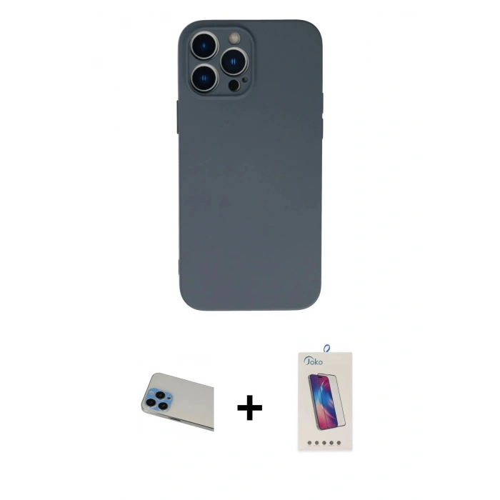 MARSİLYAN™- iPhone 13 Pro Max Kılıf Ahenk Serisi - Siyah Joko 5D Cam + Mavi Rainbow Kamera Lens Koruma Cam