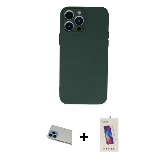MARSİLYAN™- iPhone 13 Pro Max Kılıf Ahenk Serisi - Siyah Joko 5D Cam + Mavi Rainbow Kamera Lens Koruma Cam