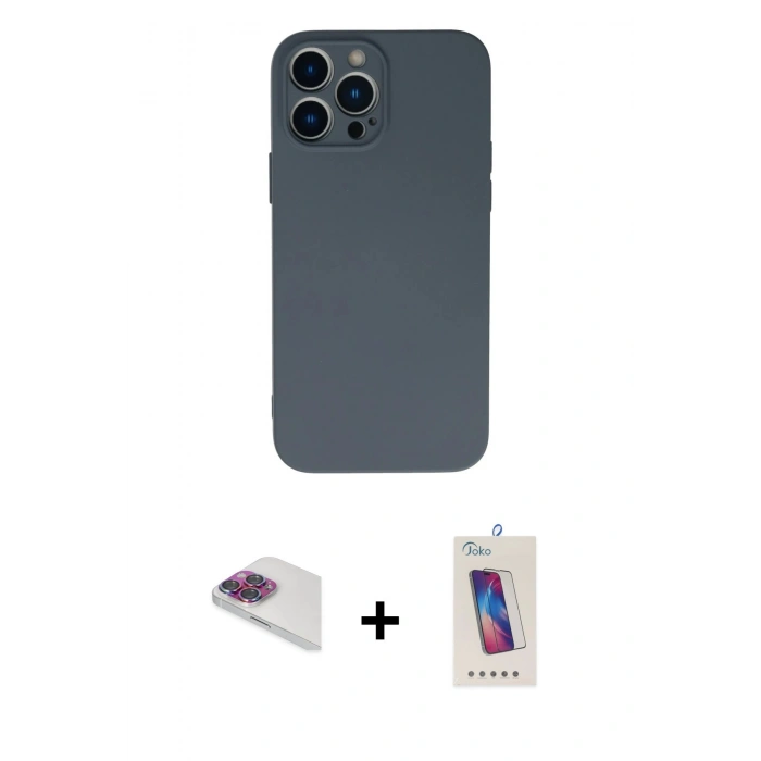 MARSİLYAN™- iPhone 13 Pro Max Kılıf Ahenk Serisi - Siyah Joko 5D Cam + Pers Alüminyum Kamera Lens - GI