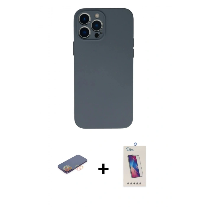 MARSİLYAN™- iPhone 13 Pro Max Kılıf Ahenk Serisi - Siyah Joko 5D Cam + Renkli Kamera Lens Koruma Cam - TU