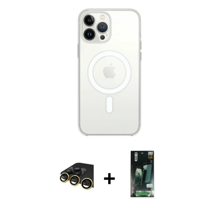 MARSİLYAN™- iPhone 13 Pro Max Kılıf Ahenk Yansıma Prime - Şeffaf 360 Full Body Arka Koruyucu + Gold Raze Metal Kamera Lens