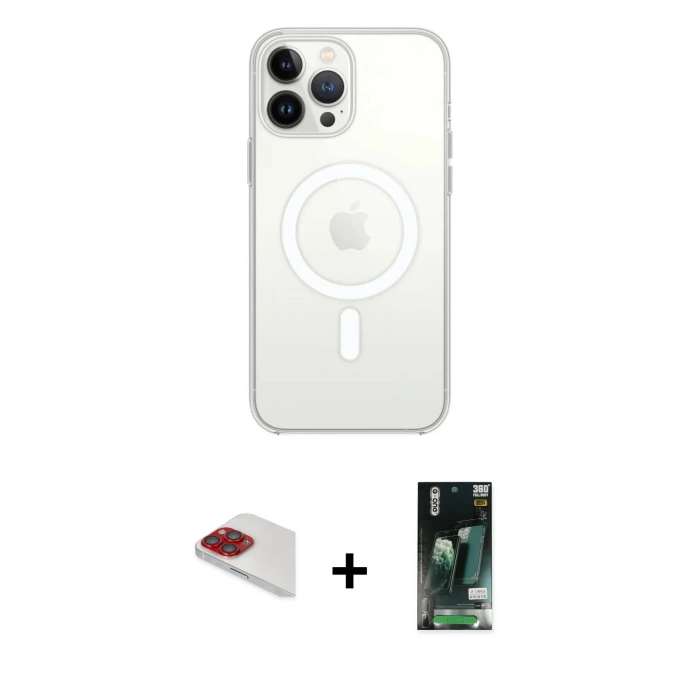 MARSİLYAN™- iPhone 13 Pro Max Kılıf Ahenk Yansıma Prime - Şeffaf 360 Full Body Arka Koruyucu + Kırmızı Pers Alüminyum Kamera Lens
