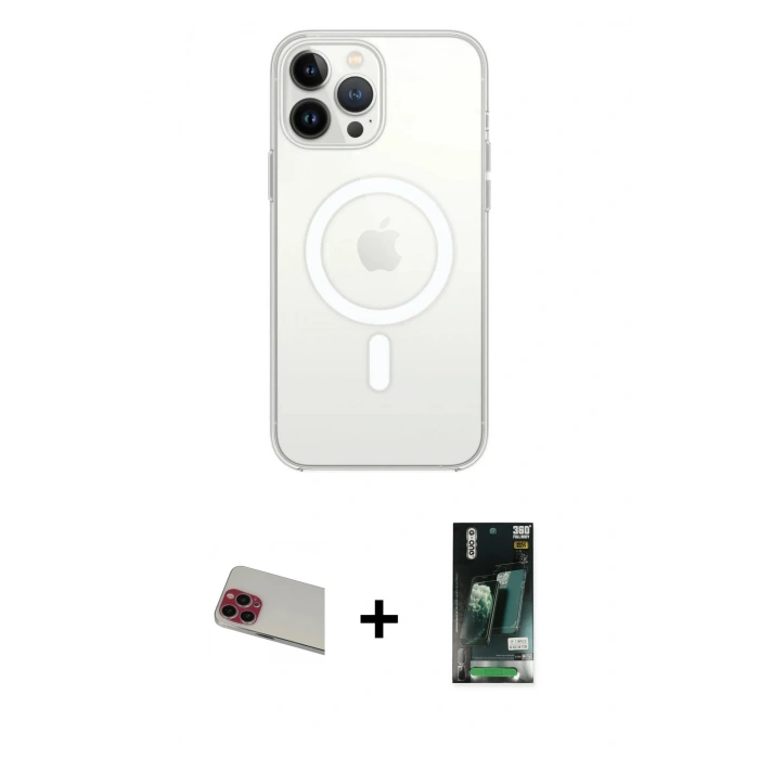MARSİLYAN™- iPhone 13 Pro Max Kılıf Ahenk Yansıma Prime - Şeffaf 360 Full Body Arka Koruyucu + Rainbow Kamera Lens Koruma Cam - KI