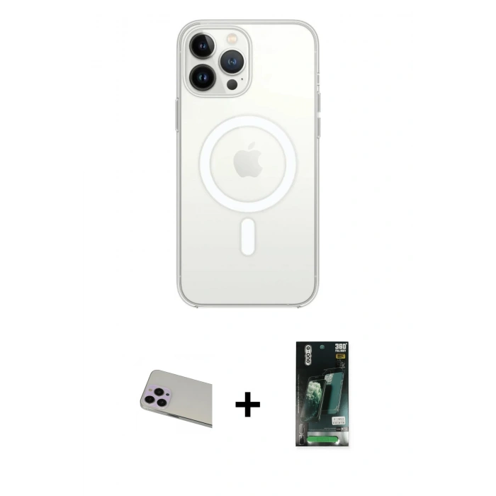 MARSİLYAN™- iPhone 13 Pro Max Kılıf Ahenk Yansıma Prime - Şeffaf 360 Full Body Arka Koruyucu + Rainbow Kamera Lens Koruma Cam - MR