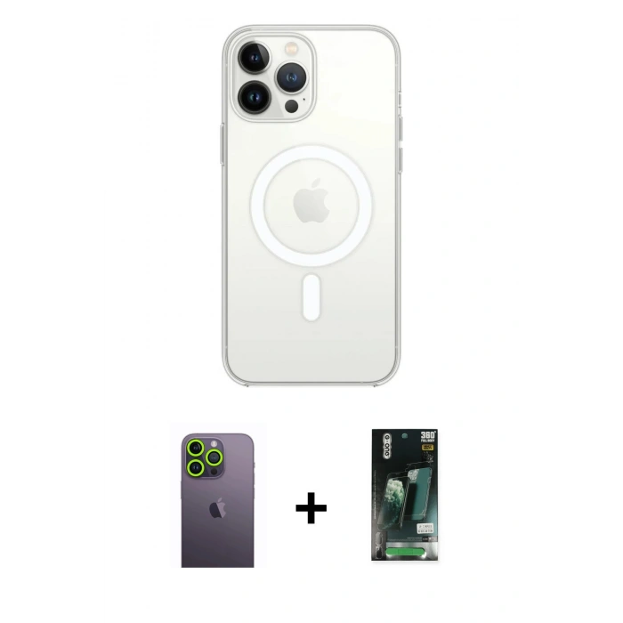 MARSİLYAN™- iPhone 13 Pro Max Kılıf Ahenk Yansıma Prime - Şeffaf 360 Full Body Arka Koruyucu + Neon Fosforlu Kamera Lens - YL
