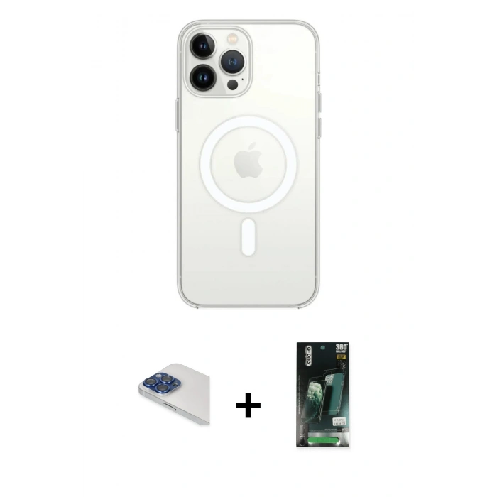 MARSİLYAN™- iPhone 13 Pro Max Kılıf Ahenk Yansıma Prime - Şeffaf 360 Full Body Arka Koruyucu + Pers Alüminyum Kamera Lens - LT