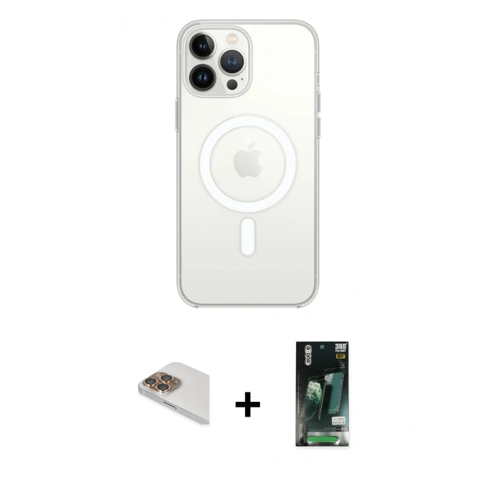 MARSİLYAN™- iPhone 13 Pro Max Kılıf Ahenk Yansıma Prime - Şeffaf 360 Full Body Arka Koruyucu + Pers Alüminyum Kamera Lens - GD