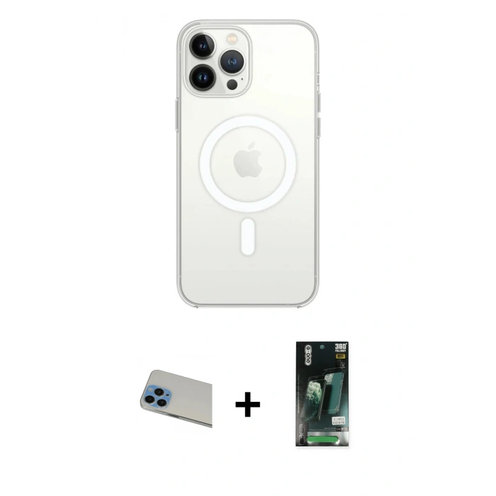 MARSİLYAN™- iPhone 13 Pro Max Kılıf Ahenk Yansıma Prime - Şeffaf 360 Full Body Arka Koruyucu + Rainbow Kamera Lens Koruma Cam - MI