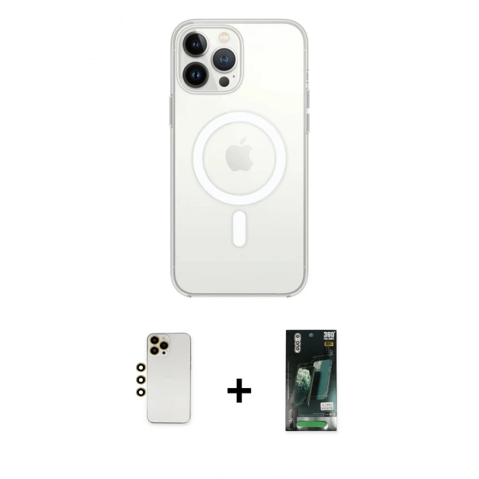 MARSİLYAN™- iPhone 13 Pro Max Kılıf Ahenk Yansıma Prime - Şeffaf 360 Full Body Arka Koruyucu + Shine Kamera Lens - GD