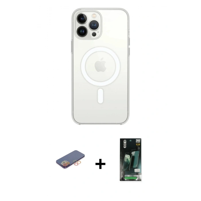 MARSİLYAN™- iPhone 13 Pro Max Kılıf Ahenk Yansıma Prime - Şeffaf 360 Full Body Arka Koruyucu + Renkli Kamera Lens Koruma Cam - TU