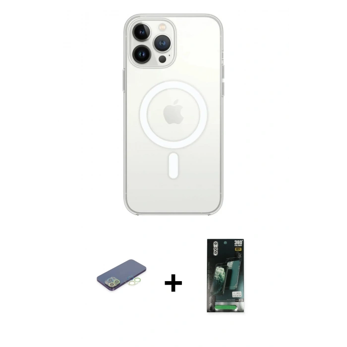 MARSİLYAN™- iPhone 13 Pro Max Kılıf Ahenk Yansıma Prime - Şeffaf 360 Full Body Arka Koruyucu + Renkli Kamera Lens Koruma Cam - YL