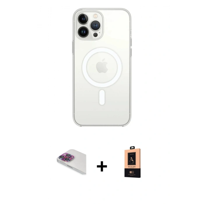 MARSİLYAN™- iPhone 13 Pro Max Kılıf Ahenk Yansıma Prime - Şeffaf Maxco Cam Ekran Koruyucu + Gökkuşağı Pers Alüminyum Kamera Lens