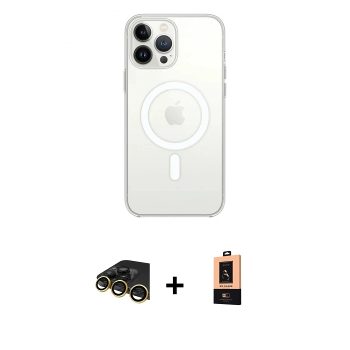 MARSİLYAN™- iPhone 13 Pro Max Kılıf Ahenk Yansıma Prime - Şeffaf Maxco Cam Ekran Koruyucu + Raze Metal Kamera Lens - GD