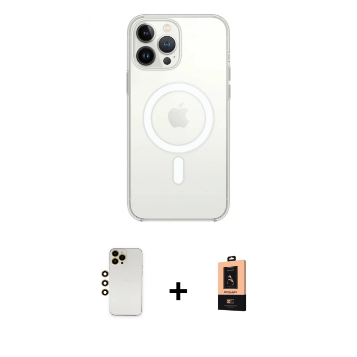 MARSİLYAN™- iPhone 13 Pro Max Kılıf Ahenk Yansıma Prime - Şeffaf Maxco Cam Ekran Koruyucu + Shine Kamera Lens - GD