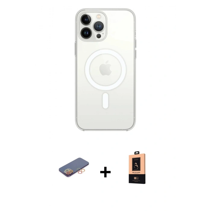 MARSİLYAN™- iPhone 13 Pro Max Kılıf Ahenk Yansıma Prime - Şeffaf Maxco Cam Ekran Koruyucu + Turuncu Renkli Kamera Lens Koruma Cam