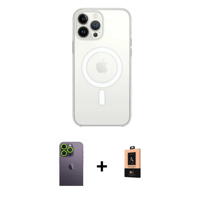 MARSİLYAN™- iPhone 13 Pro Max Kılıf Ahenk Yansıma Prime - Şeffaf Maxco Cam Ekran Koruyucu + Yeşil Neon Fosforlu Kamera Lens