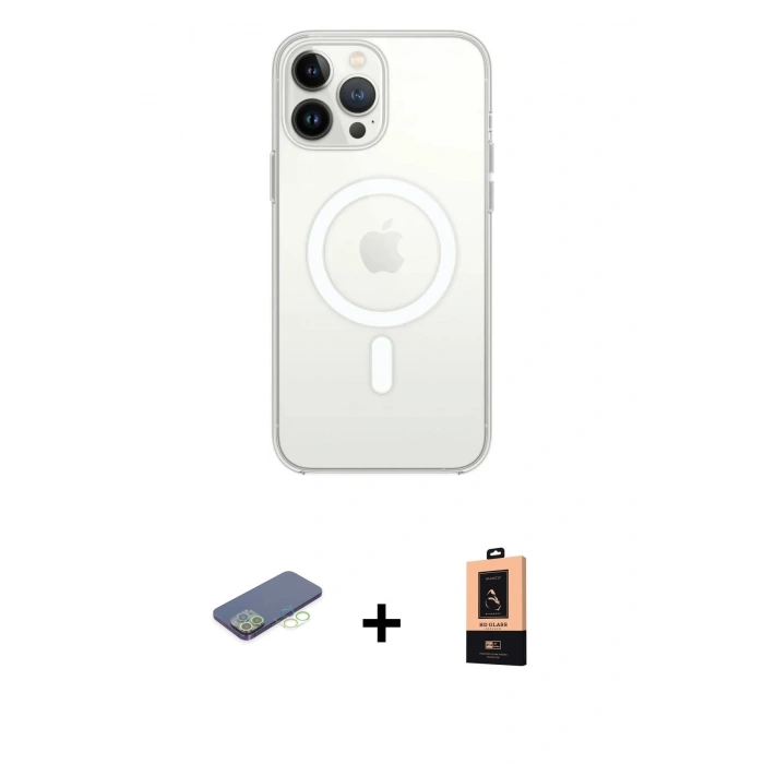 MARSİLYAN™- iPhone 13 Pro Max Kılıf Ahenk Yansıma Prime - Şeffaf Maxco Cam Ekran Koruyucu + Renkli Kamera Lens Koruma Cam - YL