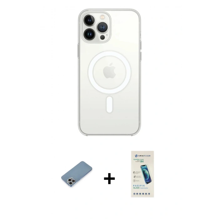 MARSİLYAN™- iPhone 13 Pro Max Kılıf Ahenk Yansıma Prime - Şeffaf Pasifik Cam Ekran Koruyucu + Shine Kamera Lens Koruma Cam - GI