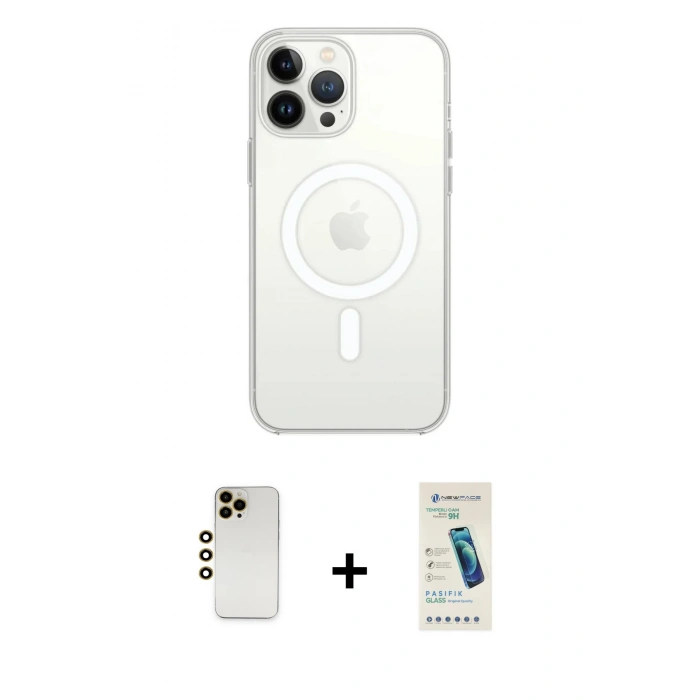 MARSİLYAN™- iPhone 13 Pro Max Kılıf Ahenk Yansıma Prime - Şeffaf Pasifik Cam Ekran Koruyucu + Gold Shine Kamera Lens